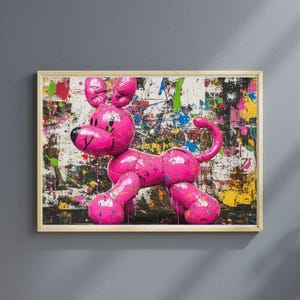 Vibrant pink balloon dog sculpture art, abstract street graffiti style, bold modern pop art, colorful splatter wall decor for home