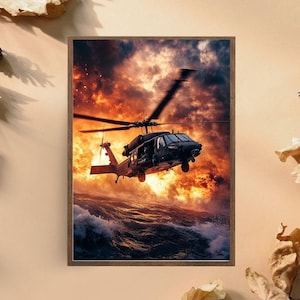 Black Hawk Helicopter in Action Art Print, Military Aviation Wall Art, Dramatic Helicopter at Sunset, Epic Warfare Scene for Modern Decor