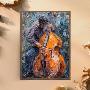 Expressive Double Bass Player Art Print, Textured Musician Painting, Colorful Music Wall Decor, Vibrant Bassist Poster, Passionate Jazz Art