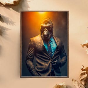 Gorilla in Suit Art Print, Bold Animal Portrait with a Modern Twist, Quirky and Stylish Wall Art, Fun Gorilla Illustration for Contemporary