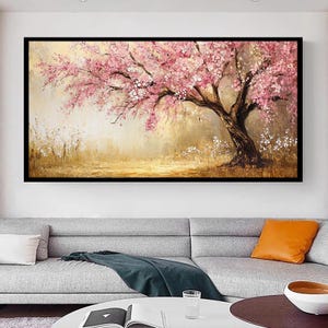 Cherry Blossom Tree Art Print - Tranquil Pink Floral Landscape Wall Decor - Elegant Nature-Inspired Artwork for Home
