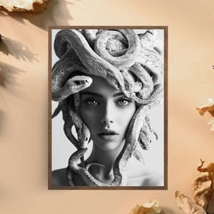 Medusa Art Print – Framed Monochrome Mythology Wall Art, Serpent-Haired Goddess Portrait, Dark Fantasy Decor