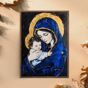 聖母マリアと聖子のアートプリント、宗教的なアイコンアートワーク、聖母子の金色の光輪、聖なる母と赤ちゃんのアート、聖家族の壁飾り