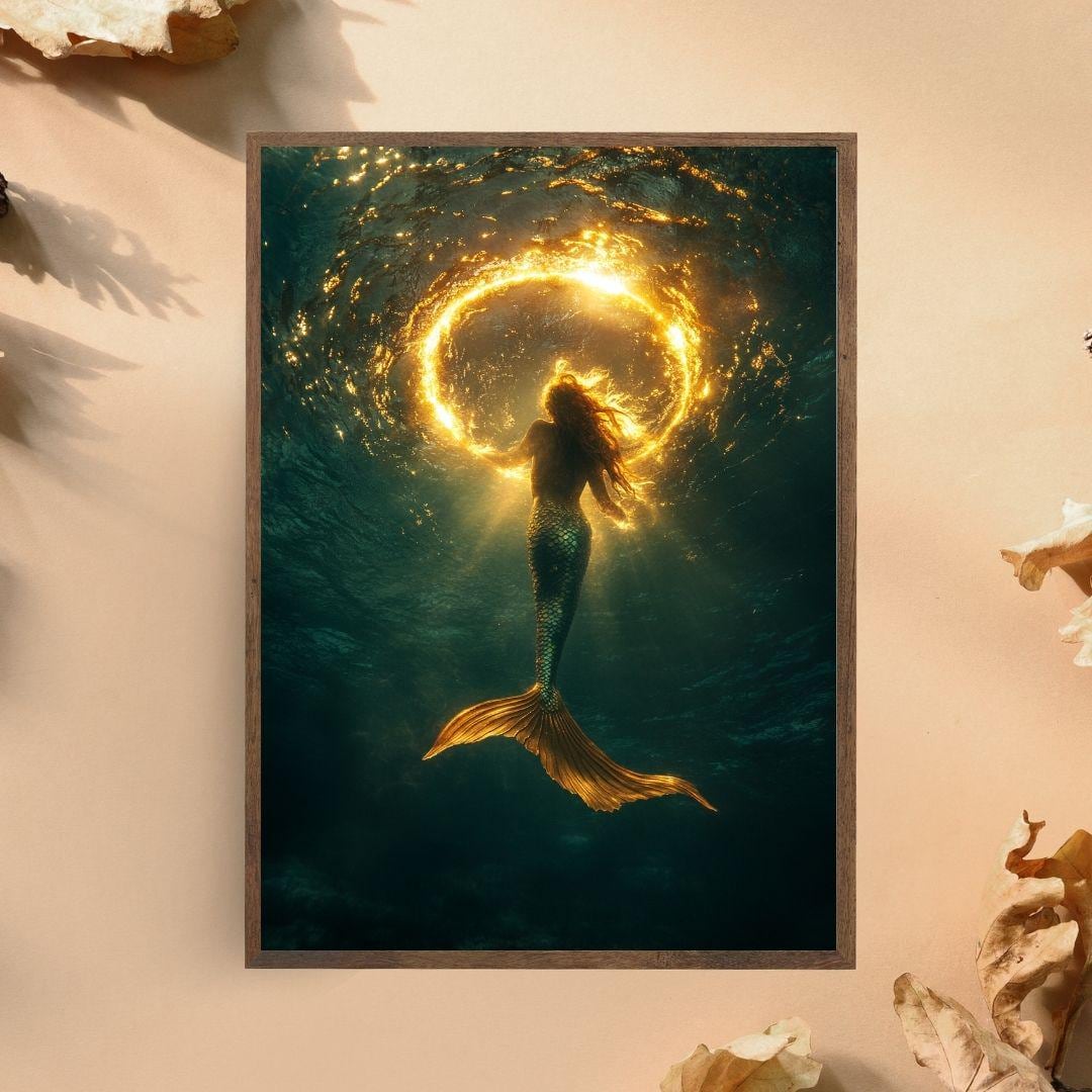 Golden Halo Mermaid Wall Art, Enchanting Fantasy Mermaid Painting, Mythological and Captivating Modern Home Decor