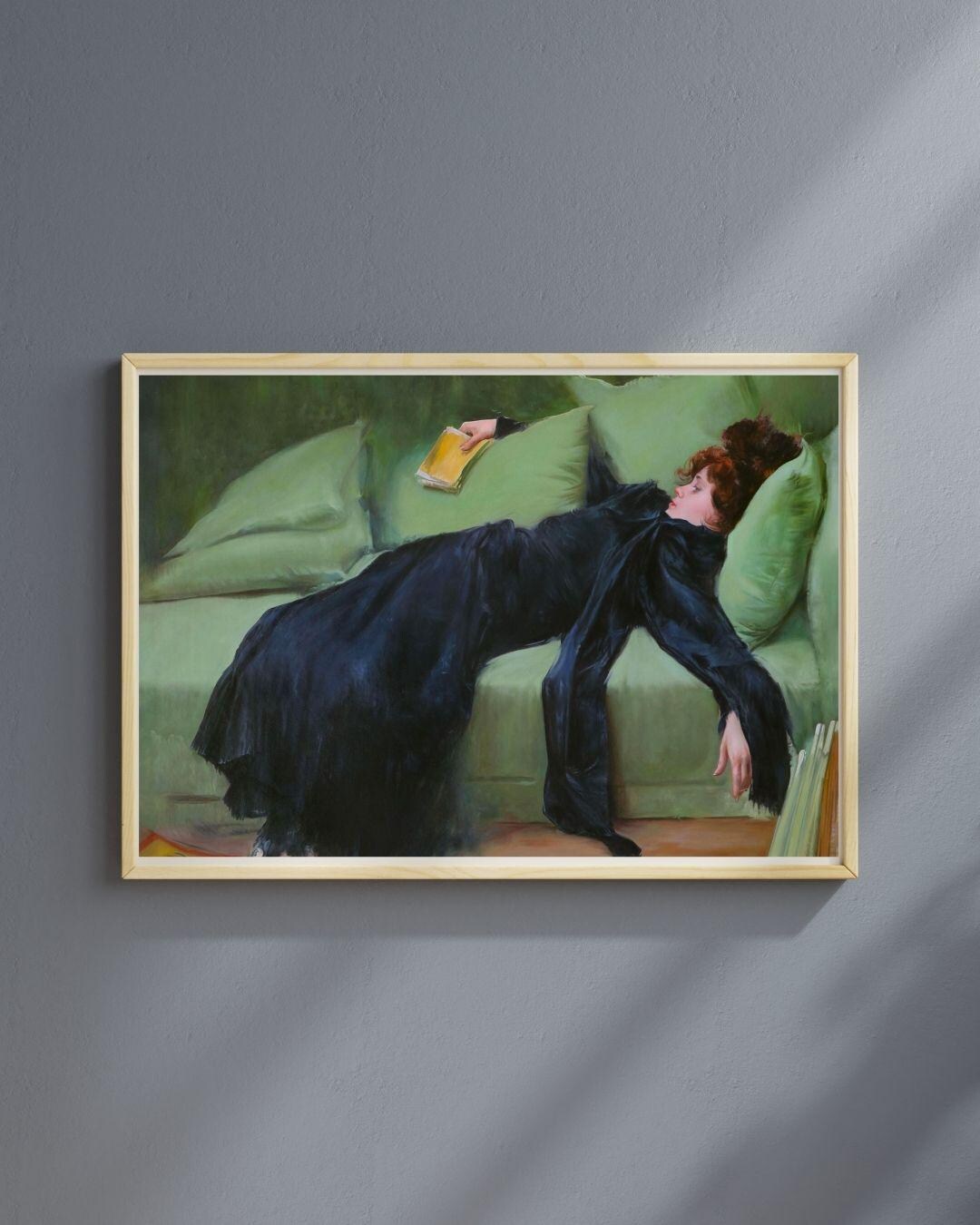 Woman Relaxing on Sofa Art Print – Elegant Framed Portrait, Classic ...