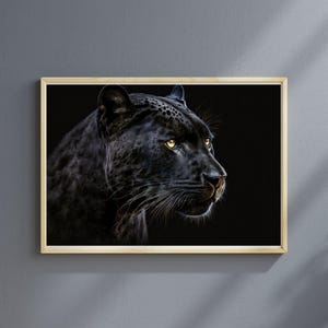 ブラックパンサーのウォールアート – 雄大な大型猫の肖像画、額入り野生動物のプリント、大胆な動物の装飾、ジャングルの美学