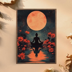 Arte de pared con meditación zen y luna, estampado de flor de loto relajante, obra de arte con silueta pacífica, póster de yoga espiritual, decoración serena para el hogar