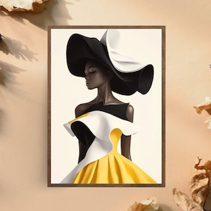 Impresión artística de moda elegante: mujer minimalista moderna con vestido negro y amarillo: decoración de pared sofisticada