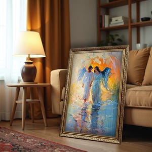 Angel Canvas Wall Art – Peaceful Spiritual Painting of Two Angels – Guardian Angel Print – Christian Home Decor