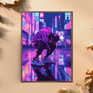 Miejski neonowy wydruk sztuki ulicznej, futurystyczny pejzaż miejski ze stylem ulicznym, nowoczesna dekoracja ścienna inspirowana cyberpunkiem, odważna sztuka miejska