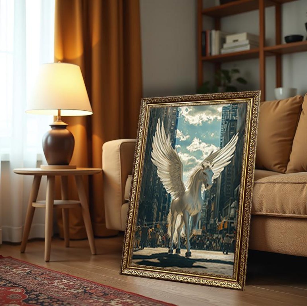 White Pegasus Canvas Art – Winged Horse Print, Fantasy City Wall Decor ...