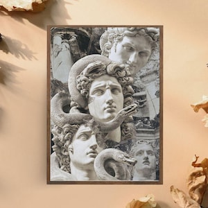 Ancient Greek Mythology Medusa Art Print, Greek Statues Collage, Classical Art Decor, Medusa Snake Sculpture Poster, Historical Marble Art