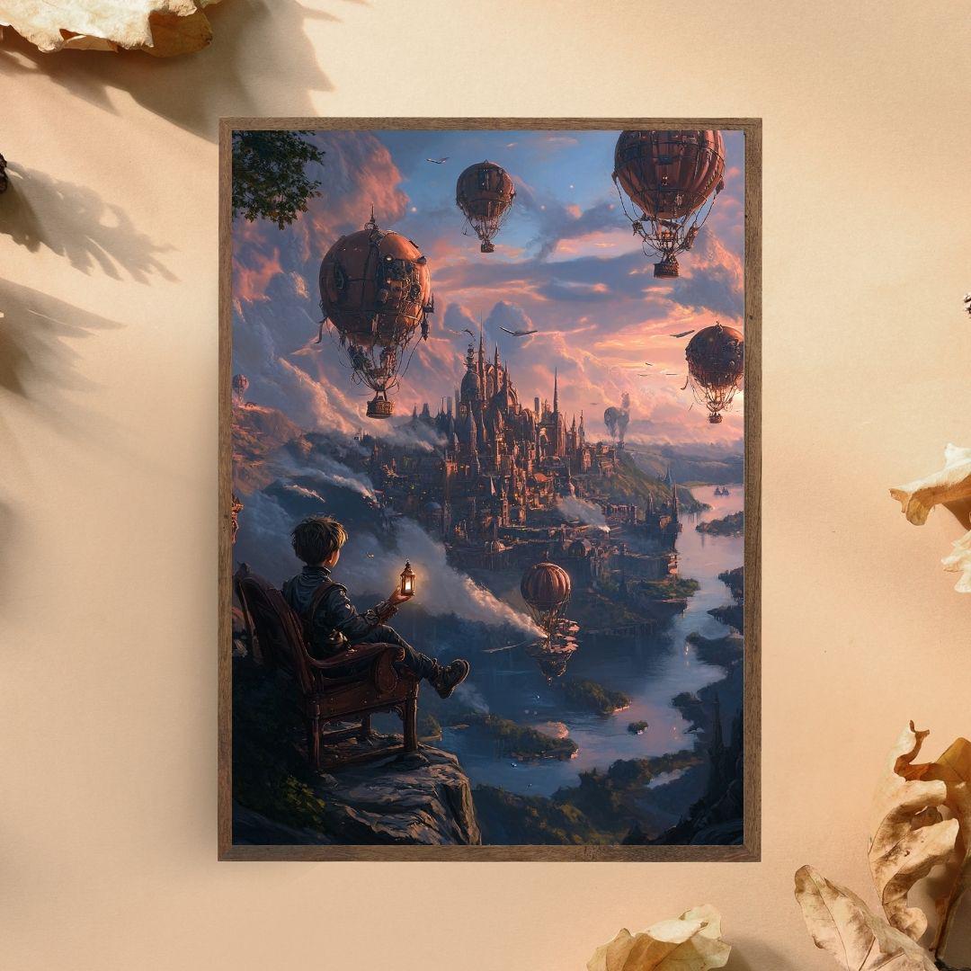 Grillige Fantasy Cityscape Art Print, betoverende steampunk-luchtschipscène, magisch dromerig muurdecor voor thuis en op kantoor