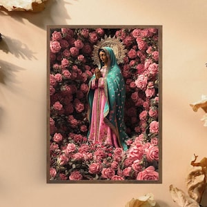 Lámina de Nuestra Señora de Guadalupe: arte religioso enmarcado para pared, Virgen María rodeada de rosas, decoración devocional católica