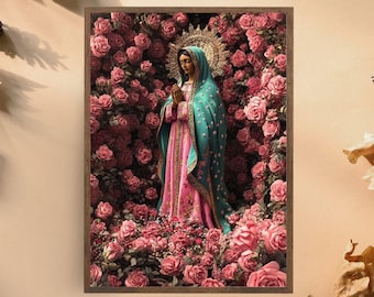 Our Lady of Guadalupe Art Print – Framed Religious Wall Art, Virgin Mary Surrounded by Roses, Catholic Devotional Decor