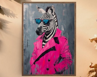 Zebra in Pink Coat Art Print, Stylish Animal Wall Decor, Quirky Zebra with Sunglasses Poster, Fun Anthropomorphic Art, Fashion Zebra