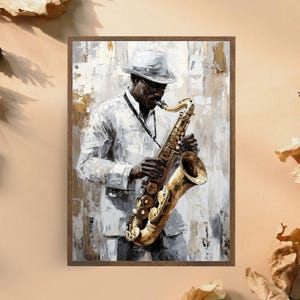 Jazz Musician with Saxophone Art Print, Elegant Jazz Wall Decor, Saxophone Player Painting, Vintage Musician Poster, Classic Jazz Music Art