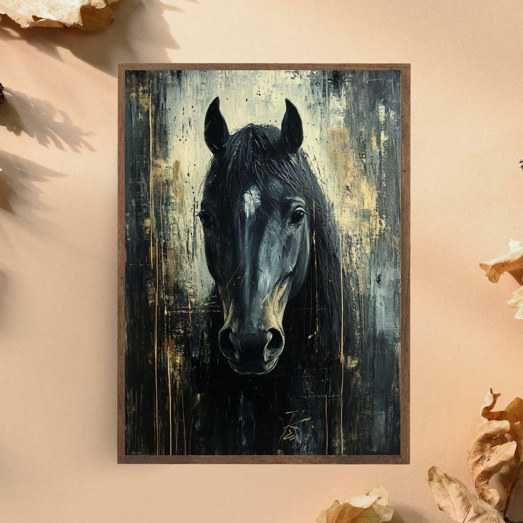 Majestic Black Horse Portrait Art Print, Modern Equestrian Wall Decor ...