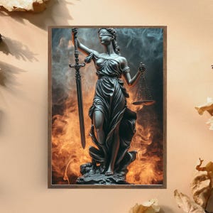 Lady Justice Art Print, Scales of Justice Wall Decor, Legal Office Decor, Blind Justice Poster, Symbol of Law Statue Artwork for Lawyers