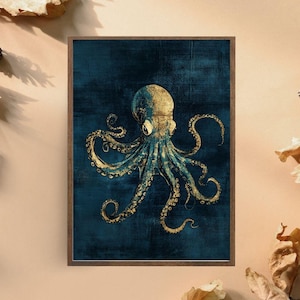 Lámina de pulpo, decoración de pared náutica, póster de vida marina en dorado y azul, arte costero inspirado en el océano, ilustración de criaturas marinas