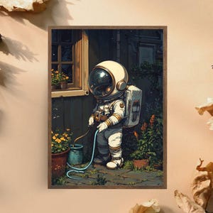 Impresión artística de un astronauta caprichoso regando plantas: decoración única para el hogar con un explorador espacial: obra de arte surrealista para jardines para amantes de la naturaleza y el espacio