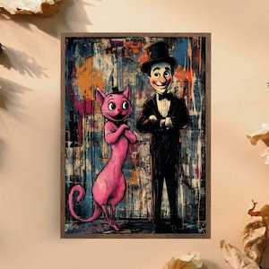 Lámina artística de gato rosa y hombre elegante, ilustración de dúo de dibujos animados peculiar, arte de pared colorido de estilo vintage, decoración divertida de la cultura pop