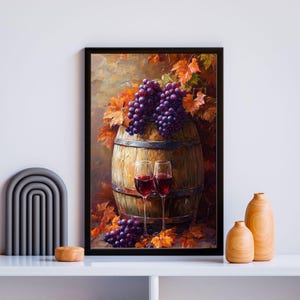 Rustic Wine Barrel Wall Art – Grapes & Wine Painting, Autumn Decor, Vineyard Canvas Print for Wine Lovers