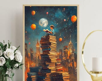 Dromerige boekstapel stadsgezicht Art Print, surrealistisch kind lezen muurkunst, decor van het huis van de minnaar van het boek, fantasierijke stad illustratie