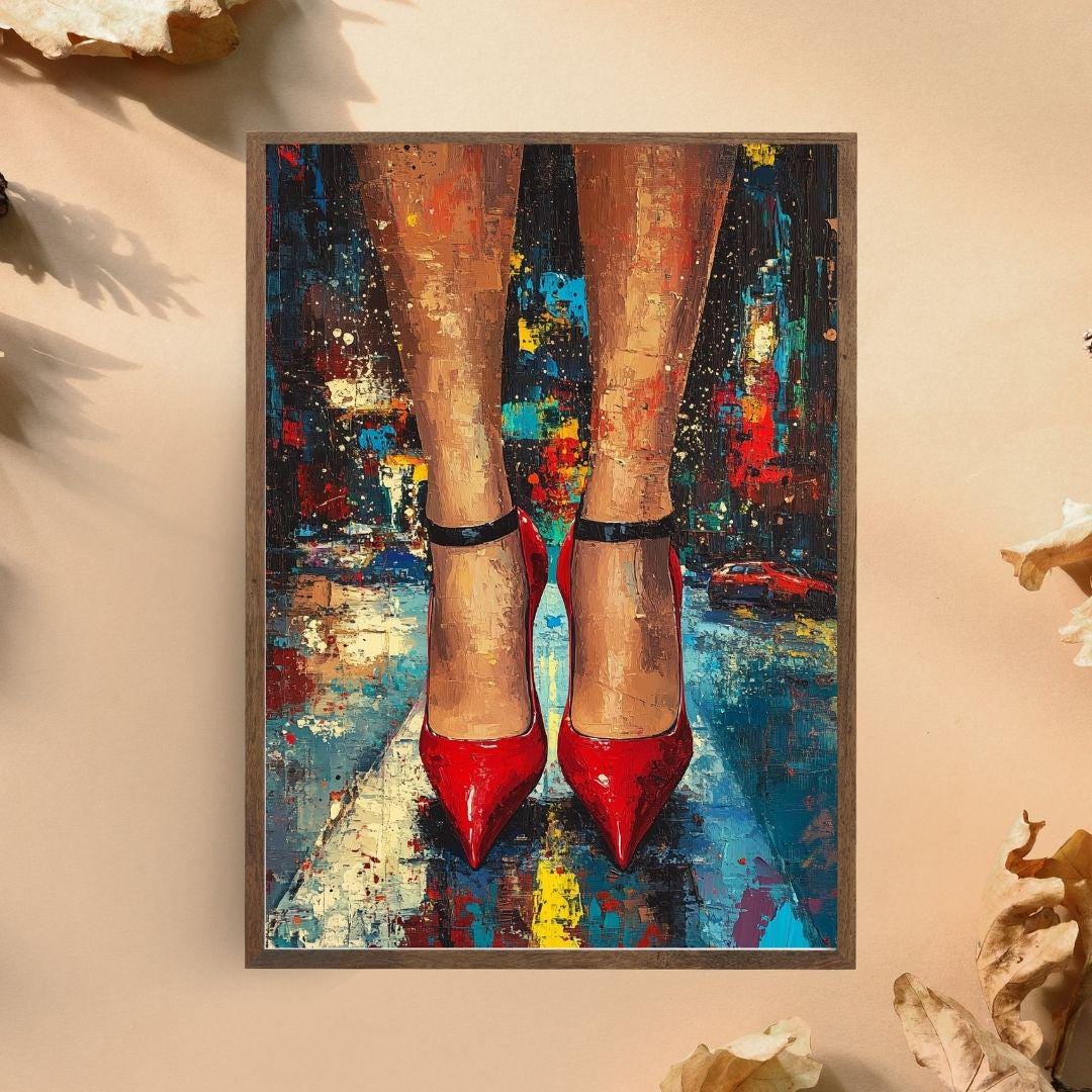 Red High Heels Art Print, Vibrant Street Scene Wall Decor, Fashionable ...