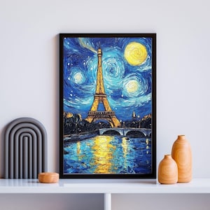 Eiffel Tower Starry Night Wall Art - Parisian Skyline Canvas Print, Impressionist Inspired Night Scene, Vibrant French Home Decor