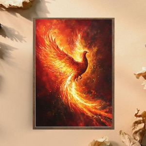 Phoenix Firebird Art Print, Fiery Red and Orange Phoenix Rising Artwork, Mythical Wall Decor for Home