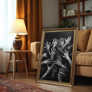 Dark Hands Leinwanddruck - Schwarzweißer Druck, expressionistische Kunst, Reaching Hands Poster, stimmungsvolles Wohndekor
