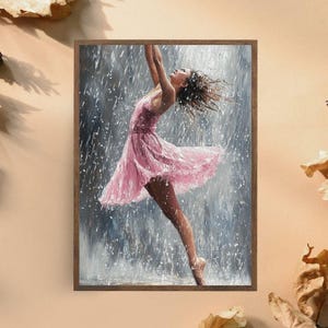 Ballerina Dancing in the Rain Art Print, Graceful Dance Wall Decor, Ballet Dancer in Pink Dress, Emotional Rain Dance Poster, Ballet Art