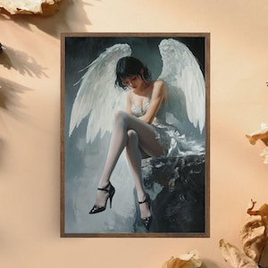 Impresión artística de ángel melancólico, decoración de pared con ángel sentado elegante, póster de mujer alada elegante, ángel sereno en blanco, arte celestial emocional