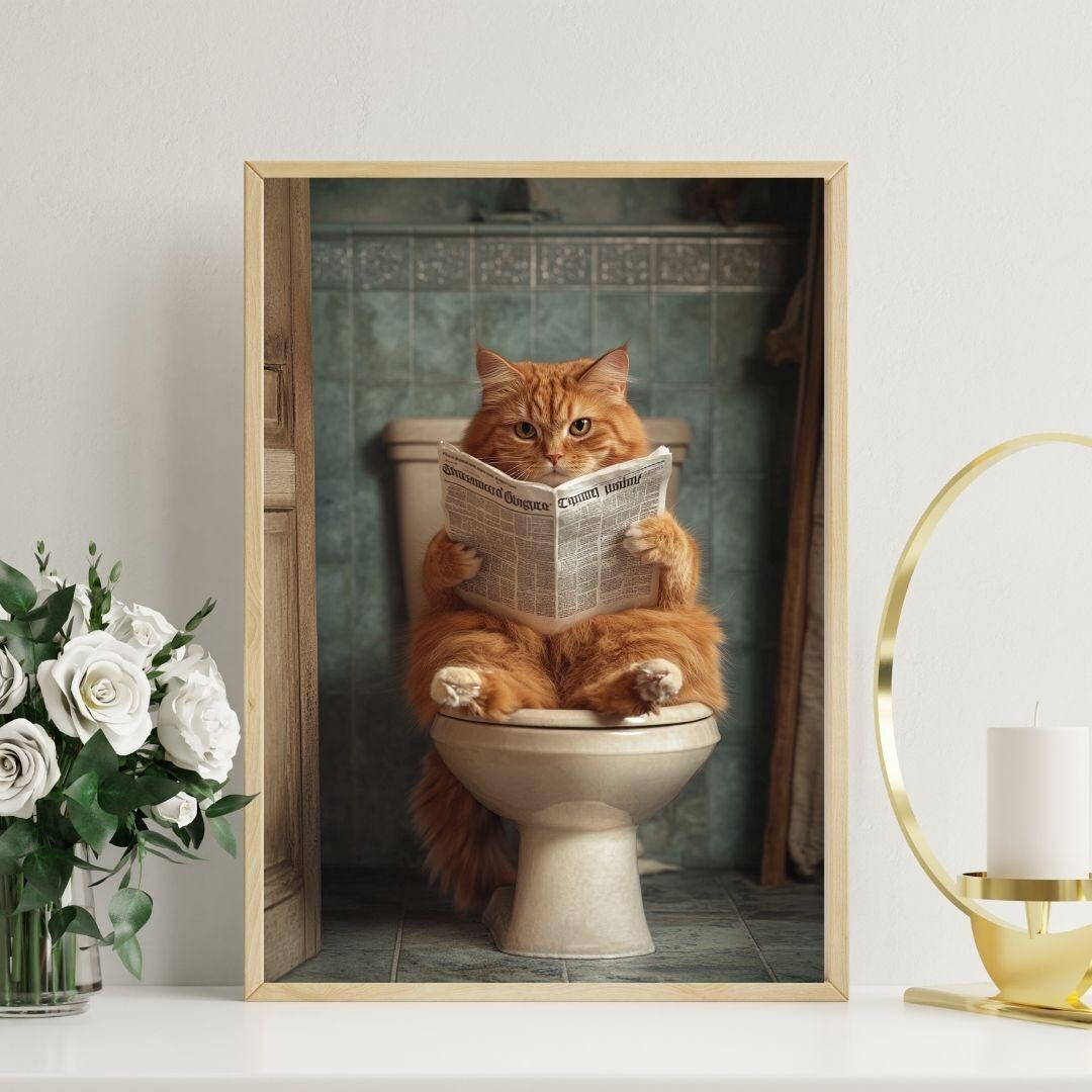 Funny Cat Bathroom Art Print, Humorous Cat Reading Newspaper, Quirky ...