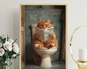 Funny Cat Bathroom Art Print, Humorous Cat Reading Newspaper, Quirky Toilet Decor, Cat Lover Gift, Bathroom Wall Art