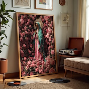 Impression sur toile Notre-Dame de Guadalupe, oeuvre d'art de la Vierge Marie avec des roses, art mural floral religieux, cadeau déco catholique