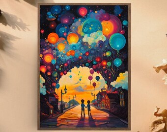 Kunstprint voor kinderen met ballonnen, kleurrijk dromerig muurdecor, magische kinderkamer- of speelkamerkunst voor kinderen
