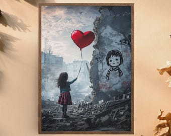 Hartballon in door oorlog verscheurde stadsmuurkunst, emotioneel straatkunstmeisje, graffitiprint stedelijk verval, op Banksy geïnspireerd surrealistisch kunstwerkdecor