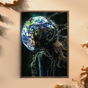 Earth Mother Illustration,Environmental Art Print, Powerful Planet Earth Portrait,Nature and Humanity Connection Wall Art,Eco-Friendly Decor