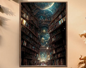 Cosmic Library Art Print, Surreal Fantasy Bookshelves Under Stars, Dreamy Celestial Book Lover Wall Art, Mystical Reading Decor for Home