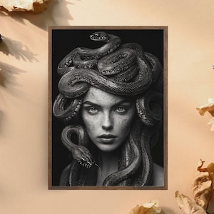Medusa Art Print – Framed Mythology Wall Art, Black and White Snake Portrait, Dark Fantasy Decor
