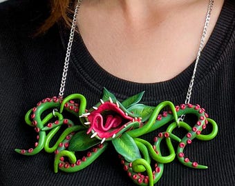 Handmade Venus Flytrap Necklace, Polymer Clay Statement Jewelry