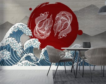 Goldfish and Wave Pattern Wall -Wallpaper 3D Poster - Simple Classic - Artistic -Living Room-office -Peel and Paste -Removable After Pasting