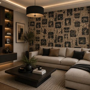 Op de afbeelding: Een moderne woonkamer met een beige hoekbank, een donkerhouten salontafel en behang met oude Egyptische afbeeldingen. Boven de salontafel hangt een zwarte hanglamp. De kamer heeft een neutraal kleurenschema.