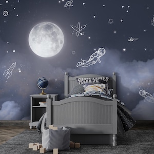 Carta da parati con astronauta con motivo spaziale - motivo lunare - Semplice classico - Artistico - Soggiorno - Camera per bambini - Staccabile - Rimovibile dopo l'incollaggio