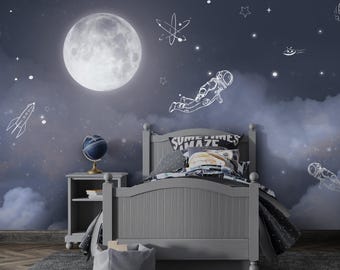 Space patterned astronaut wallpaper - moon patterned - Simple Classic -Artistic-Living Room - Kids Room -Peel Paste -Removable After Pasting