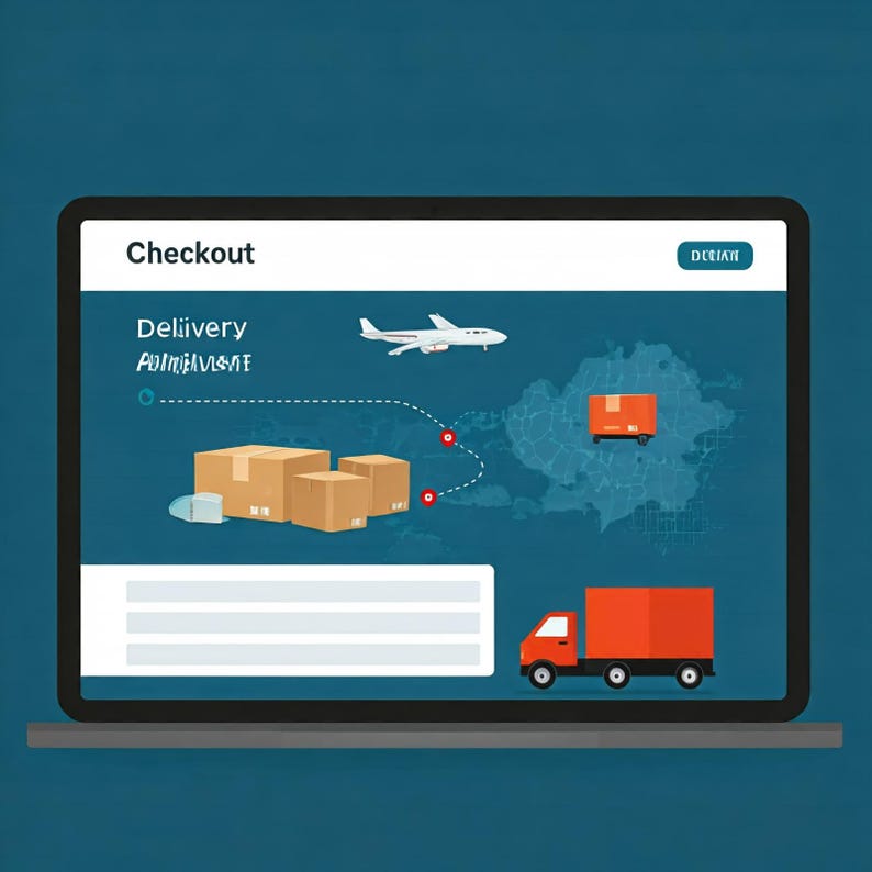 May include: A digital illustration of a checkout screen with delivery and fulfillment icons. The screen displays a delivery route with an aeroplane, boxes, and a delivery truck. The background is a dark teal colour.