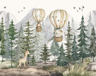 Flying balloon Wallpaper - Elephant - Giraffe - Lion - Peel and Stick - Removable after Pasting