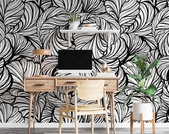 Black White Abstract Leaf Pattern Wallpaper  - Artistic  - Living Room - Lounge - children&#39;s room - Peel and Paste - Removable After Pasting